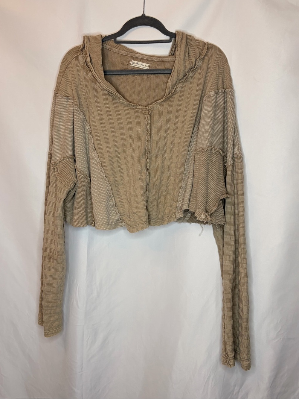 Free People We The Free Aries Hoodie Taupe Hooded Thermal Patchwork Cropped Top - Picture 4 of 11